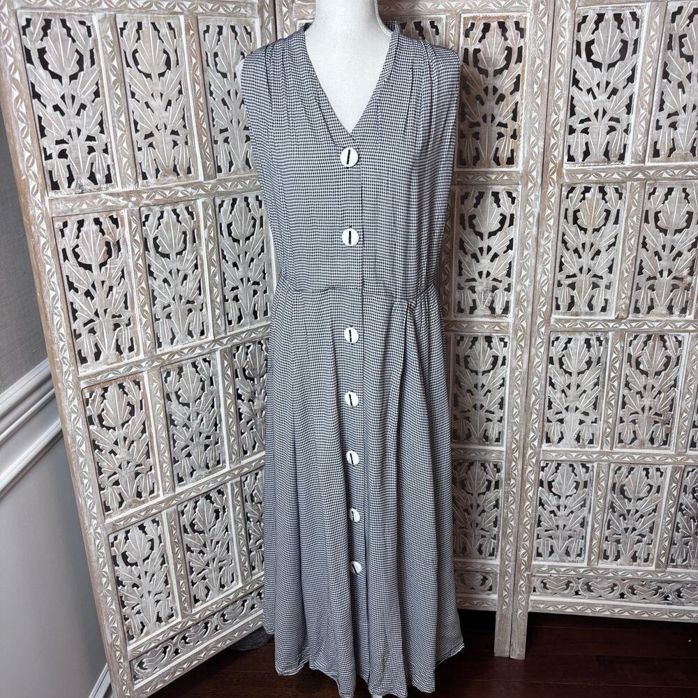 VINTAGE Black & White Gingham Midi Button Front Dress SZ L 90s Teacher Cottage